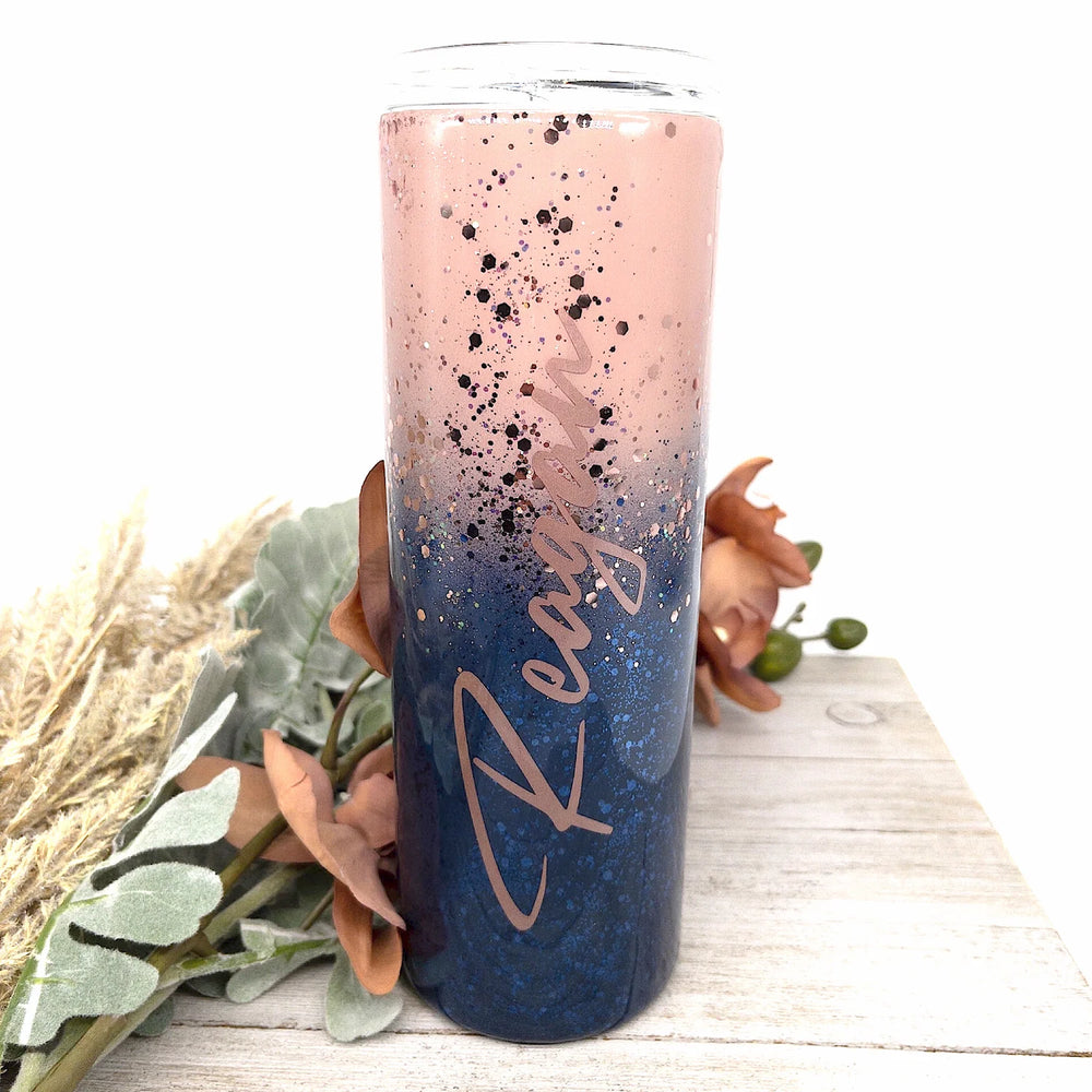 Gradient tumbler with pink and blue colors made with artistry fast set epoxy