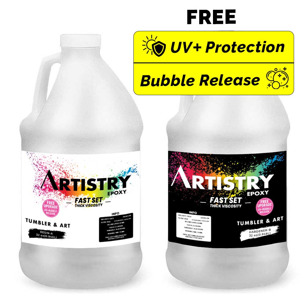Two bottles of Artistry Epoxy Resin labeled for tumblers and art with features like fast set, UV protection, and bubble release highlighted on the labels.
