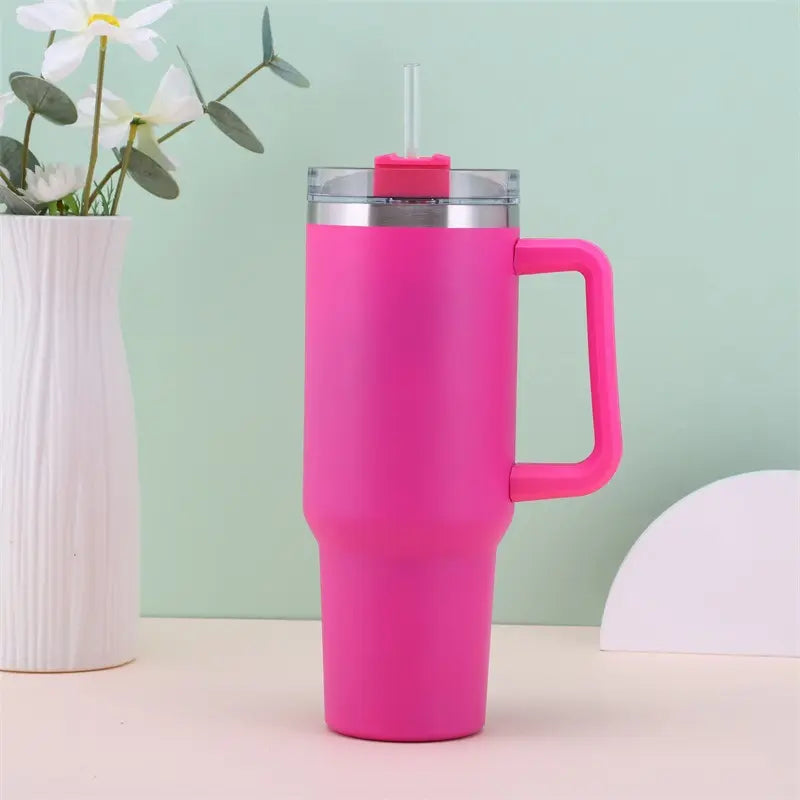 Magenta- 40 oz Stainless Handle Tumbler with lid and Straw